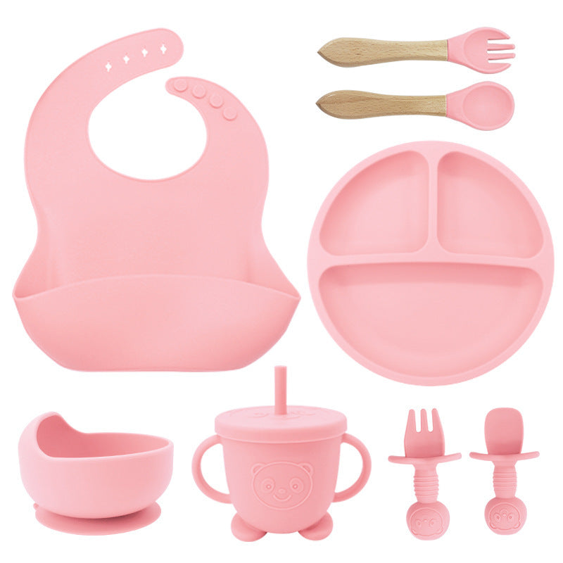 Baby Silicone Tableware Set 8PCS | Suction Bowl Divided Plate & Bibs for Toddlers