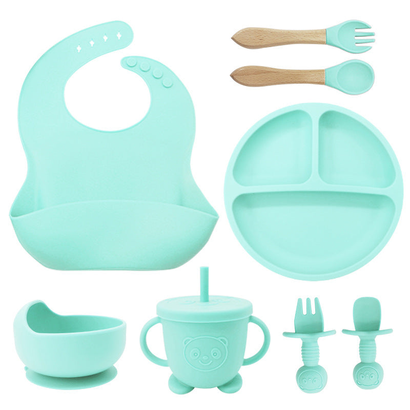 Baby Silicone Tableware Set 8PCS | Suction Bowl Divided Plate & Bibs for Toddlers