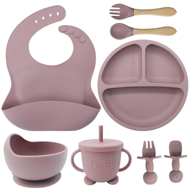 Baby Silicone Tableware Set 8PCS | Suction Bowl Divided Plate & Bibs for Toddlers