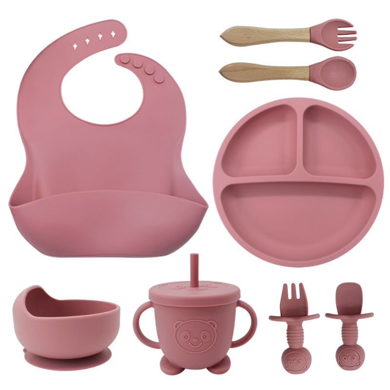 Baby Silicone Tableware Set 8PCS | Suction Bowl Divided Plate & Bibs for Toddlers