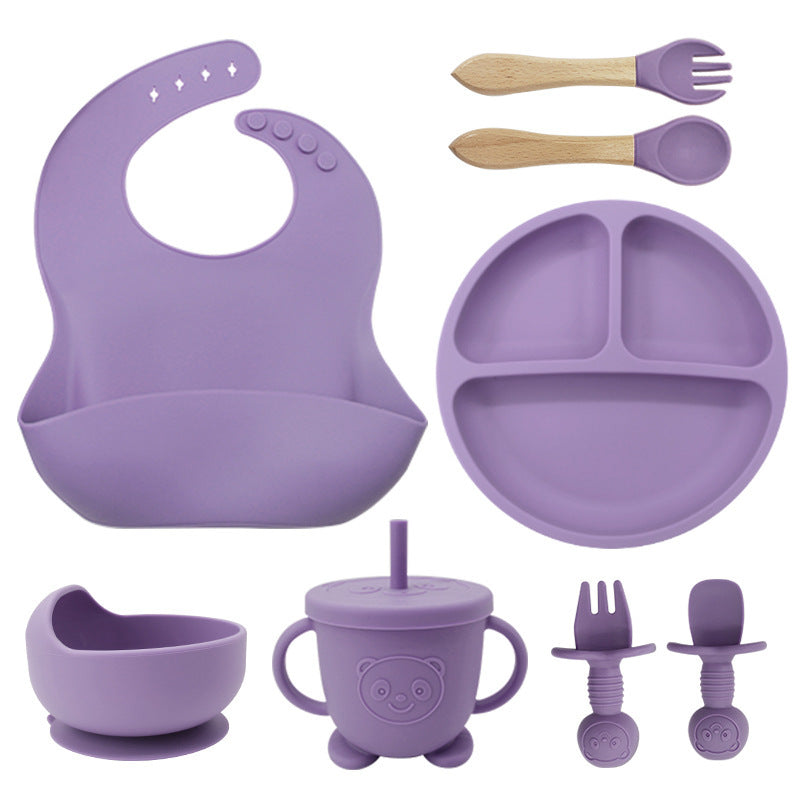 Baby Silicone Tableware Set 8PCS | Suction Bowl Divided Plate & Bibs for Toddlers