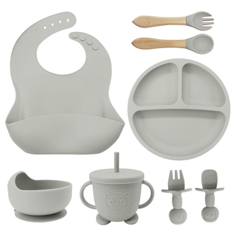Baby Silicone Tableware Set 8PCS | Suction Bowl Divided Plate & Bibs for Toddlers