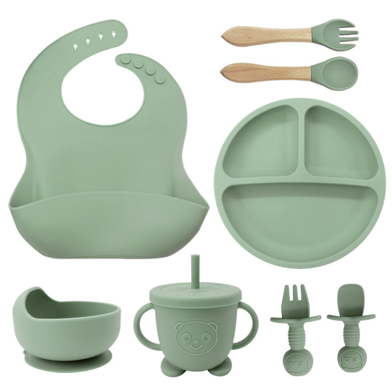 Baby Silicone Tableware Set 8PCS | Suction Bowl Divided Plate & Bibs for Toddlers