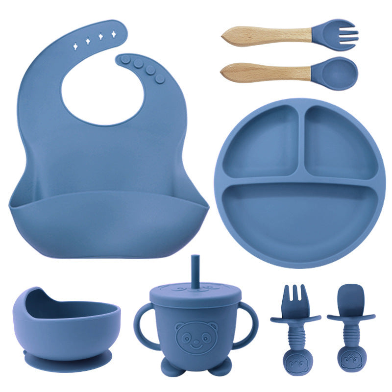 Baby Silicone Tableware Set 8PCS | Suction Bowl Divided Plate & Bibs for Toddlers