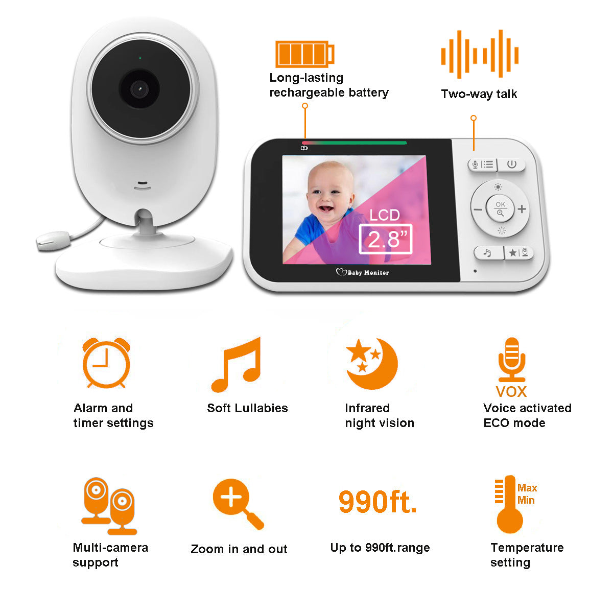 Baby Monitor 2.8" Screen | Wireless Night Vision Camera