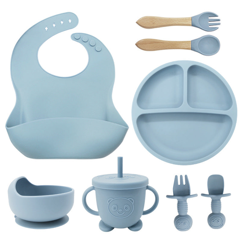 Baby Silicone Tableware Set 8PCS | Suction Bowl Divided Plate & Bibs for Toddlers